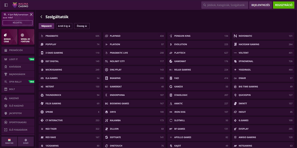 Malina Kaszinó Providers