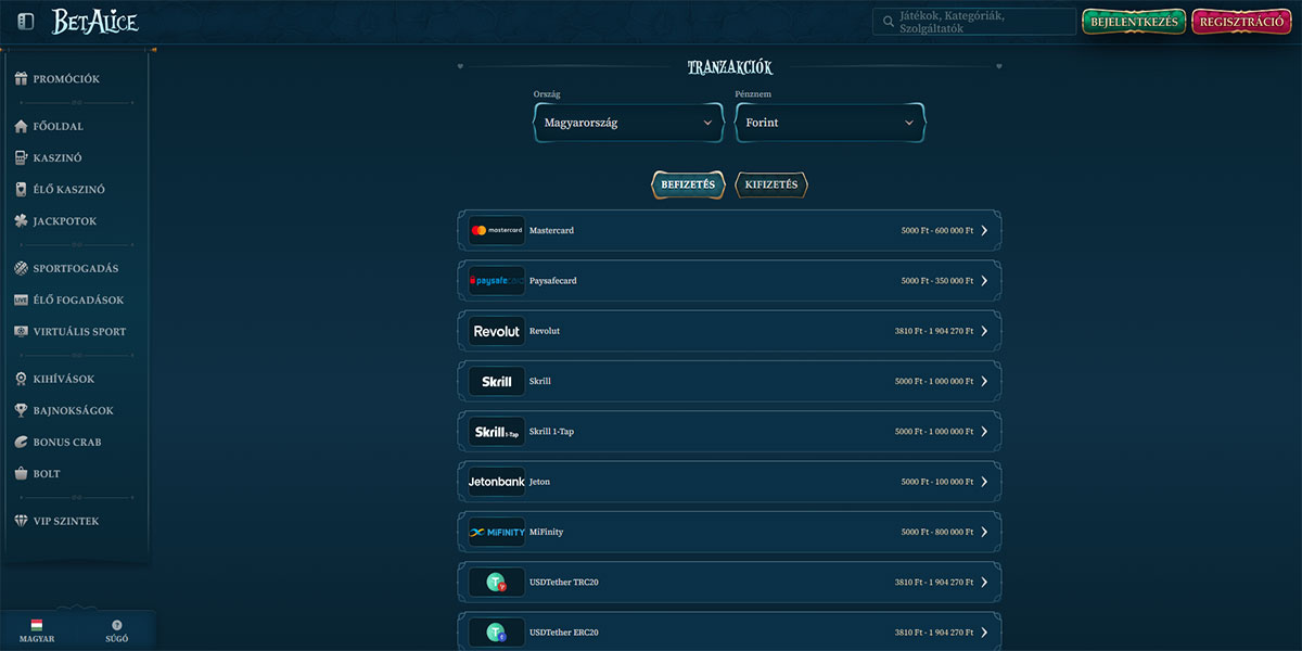 BetAlice Casino Payments