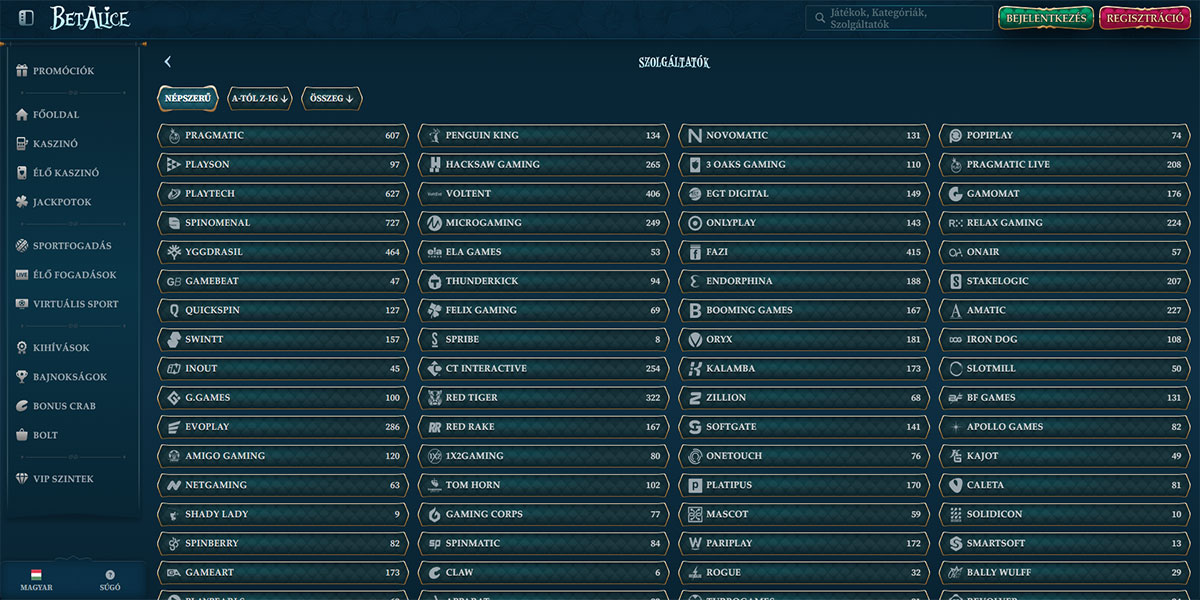 BetAlice Casino Slot Providers