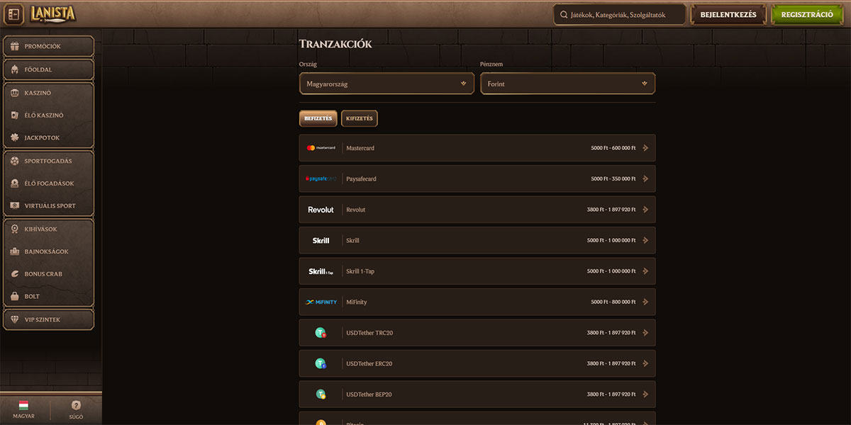 Lanista Casino Payment Methods