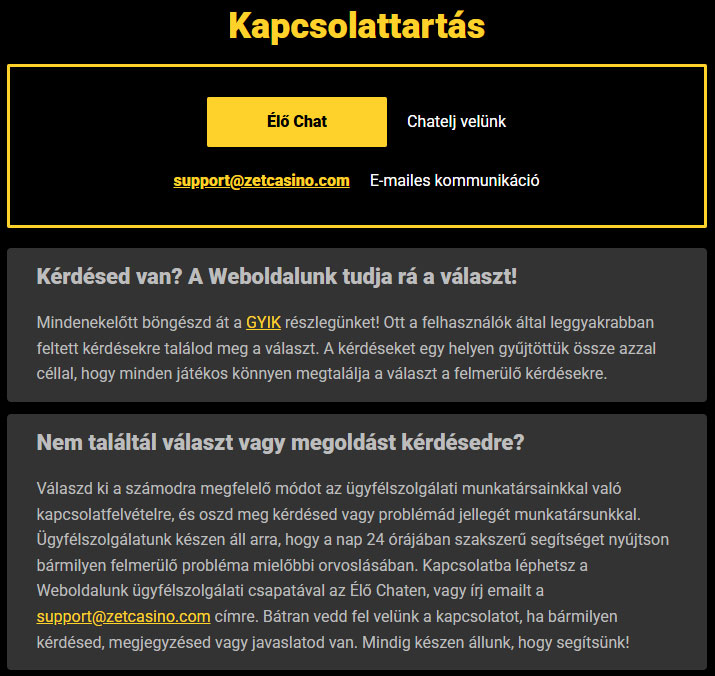 Zet Casino Customer Service