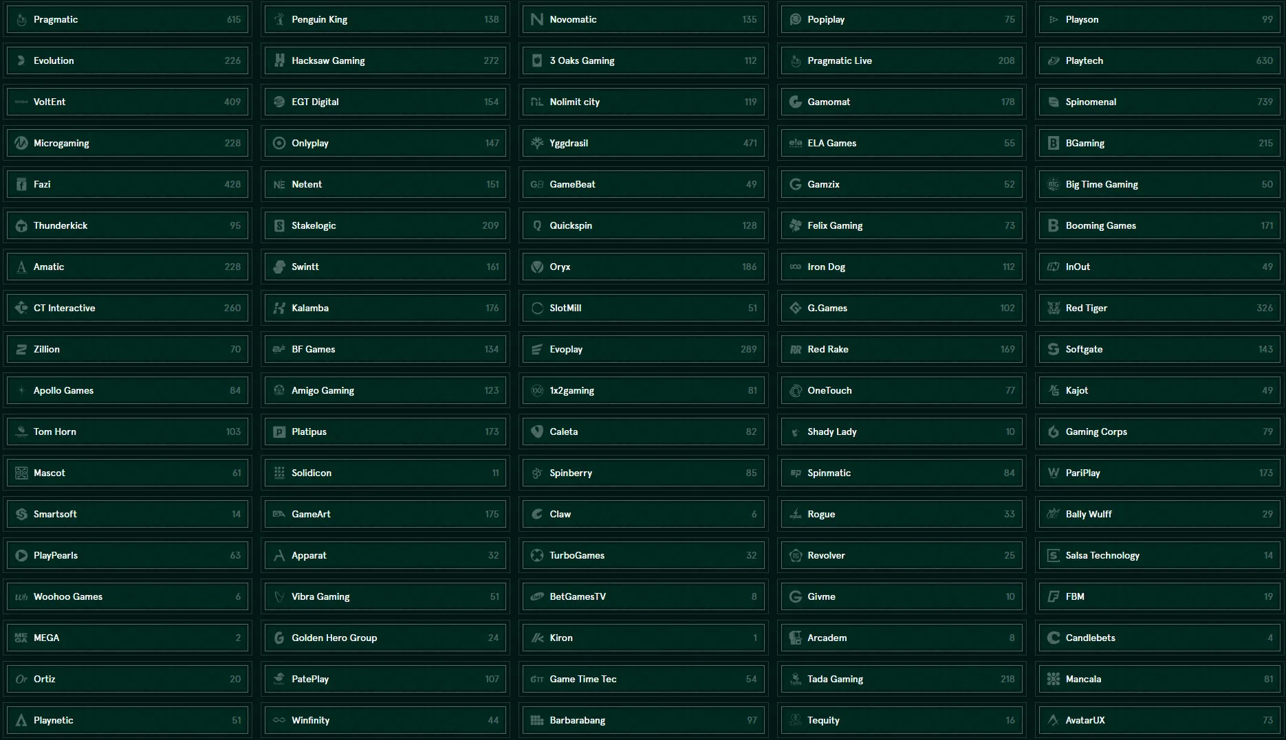 Casinia Casino Providers