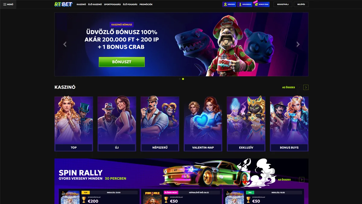 RTBet Kaszinó Home Screen